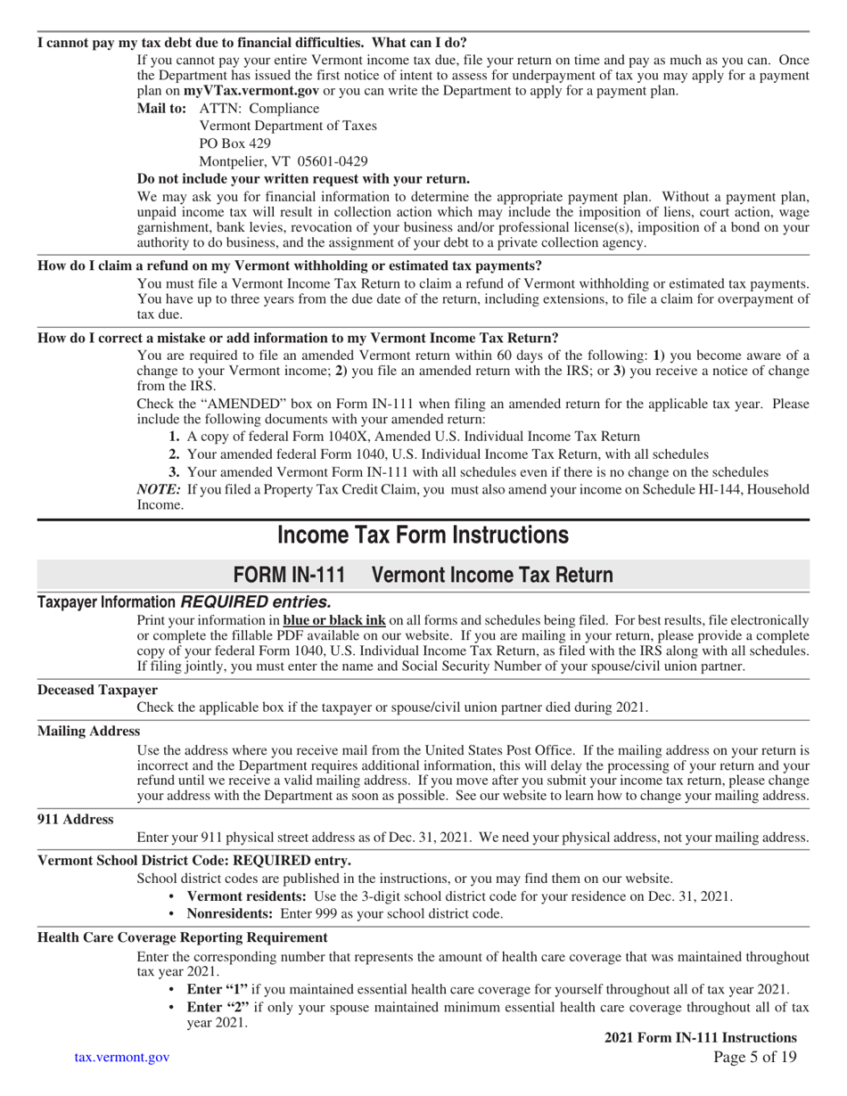 Instructions for Form IN-111 Vermont Income Tax Return - Vermont, Page 5