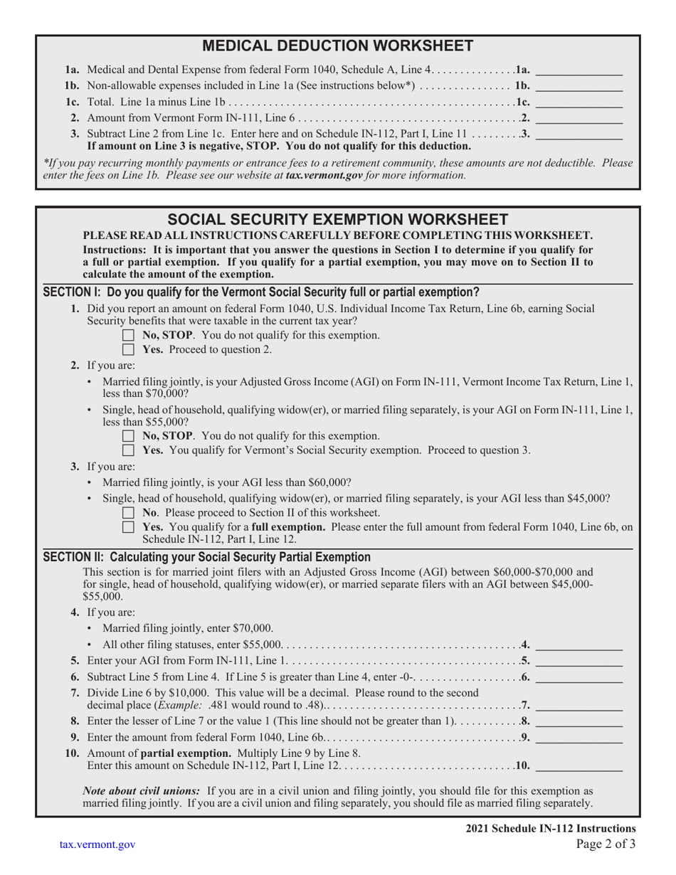 Instructions for Schedule IN-112 Vermont Tax Adjustments and Credits - Vermont, Page 2