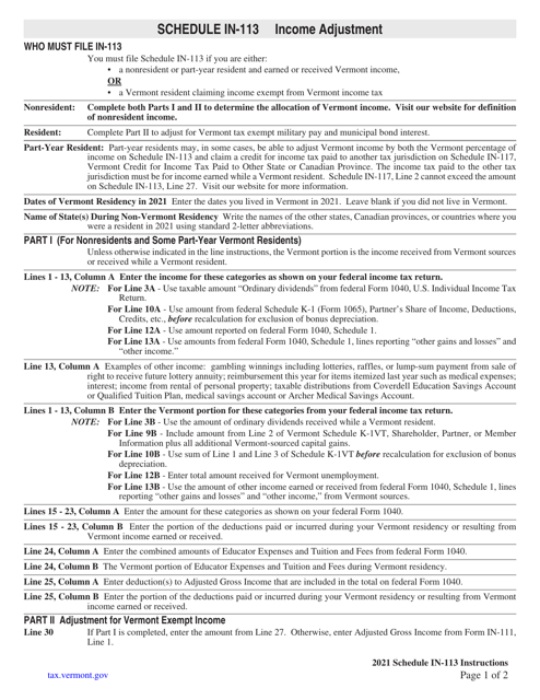 Schedule IN-113 2021 Printable Pdf