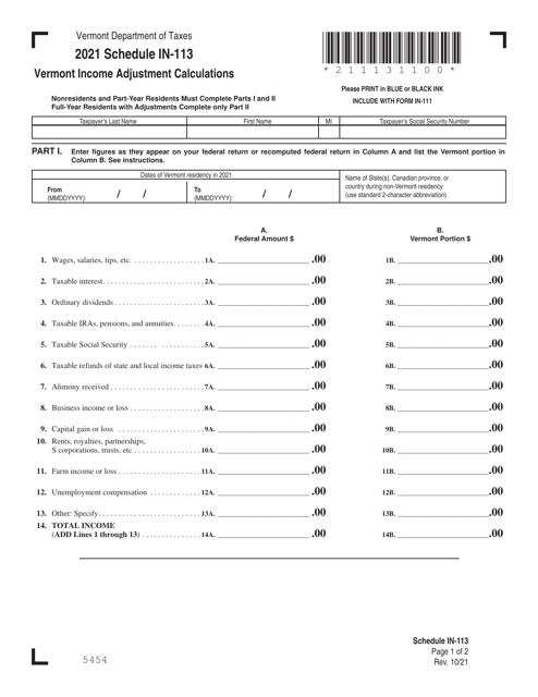 Schedule IN-113 2021 Printable Pdf