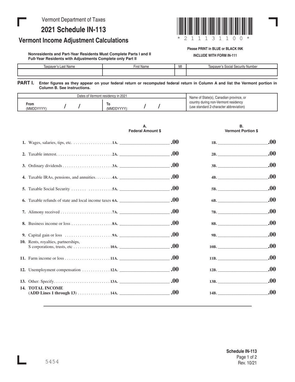 2021 Vermont Vermont Income Adjustment Calculations - Fill Out, Sign ...