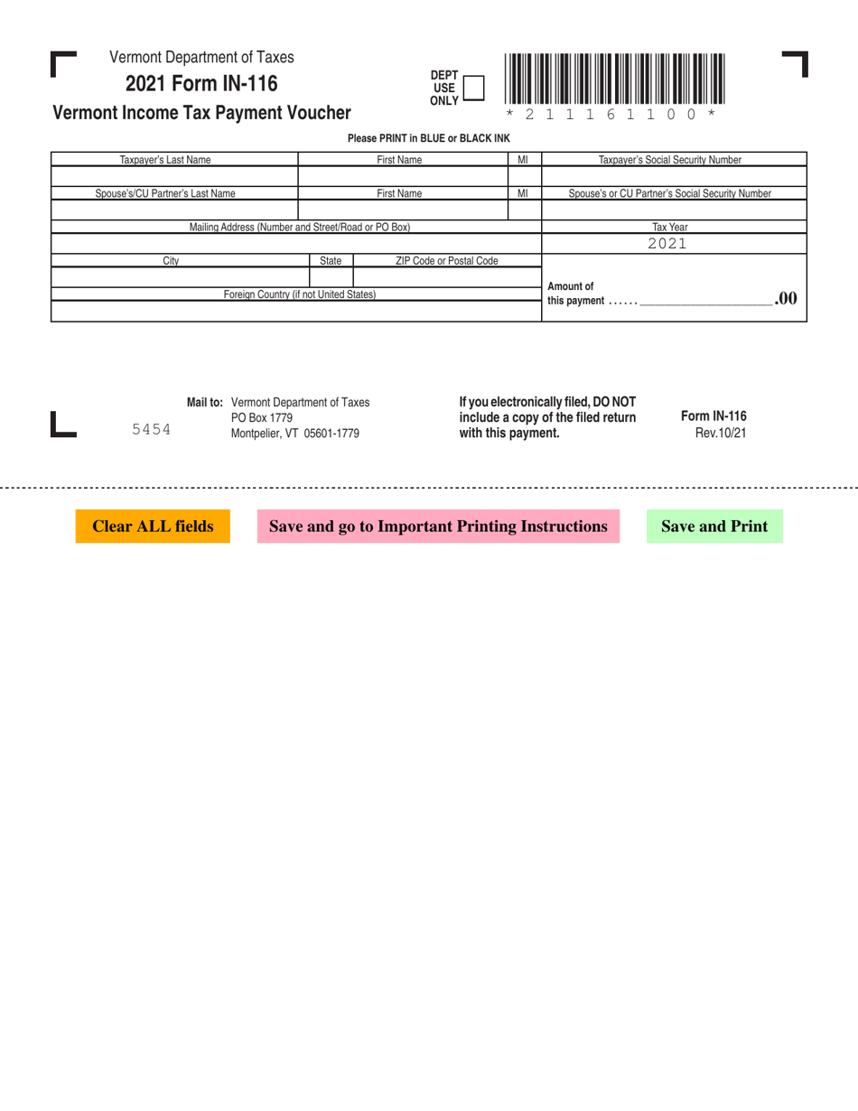 Form IN-116 Vermont Income Tax Payment Voucher - Vermont, Page 1