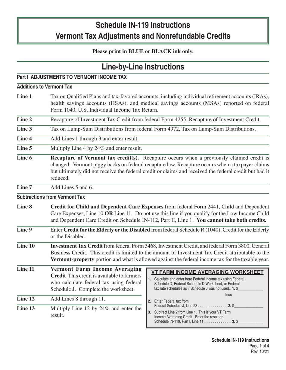 Instructions for Schedule IN-119 Vermont Tax Adjustments and Nonrefundable Credits - Vermont, Page 1