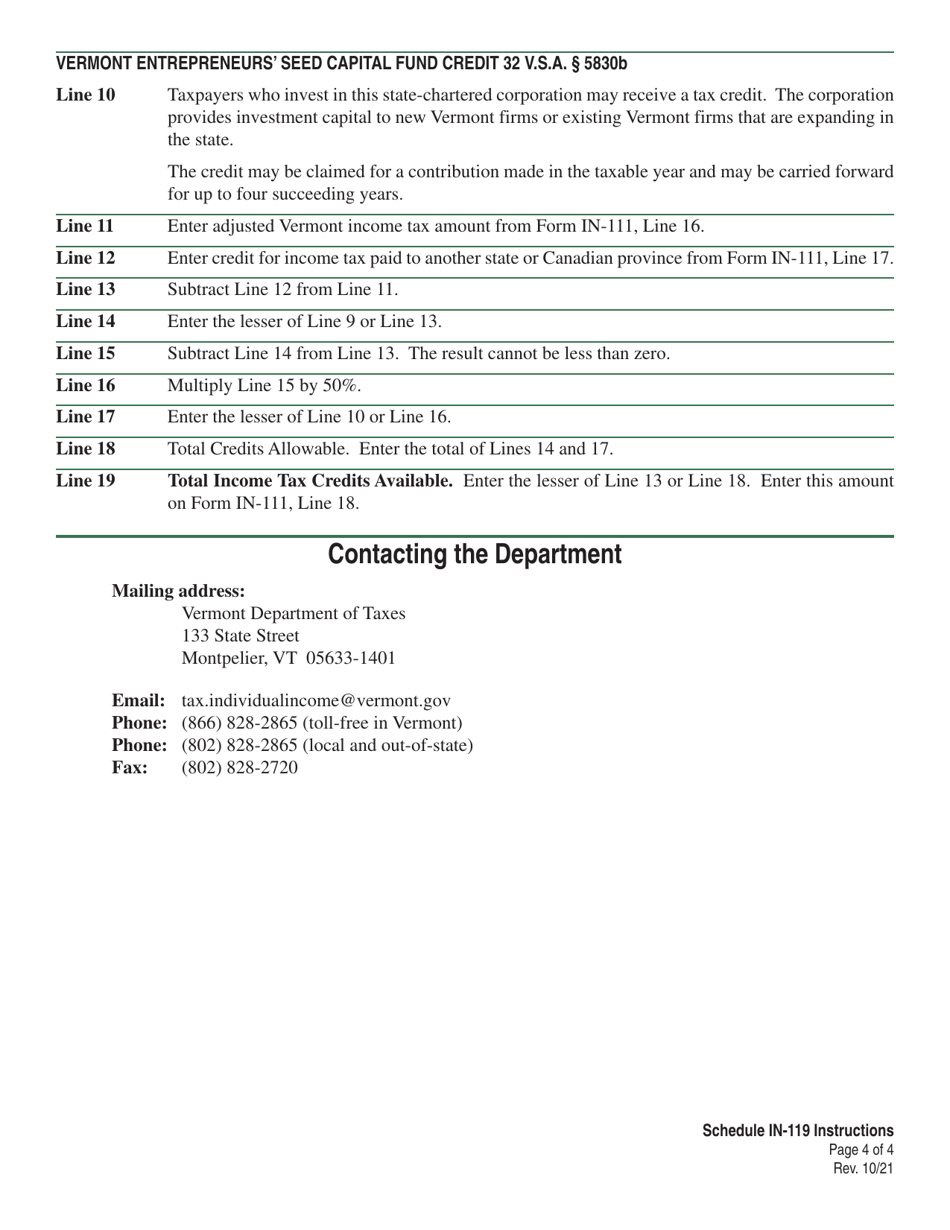 Instructions for Schedule IN-119 Vermont Tax Adjustments and Nonrefundable Credits - Vermont, Page 4