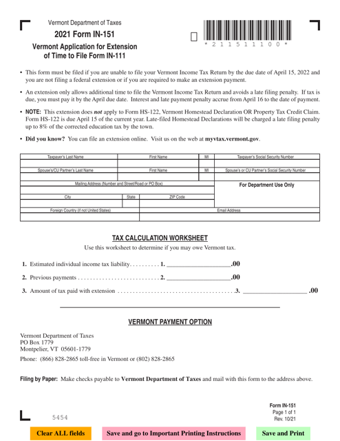 Form IN-151 2021 Printable Pdf