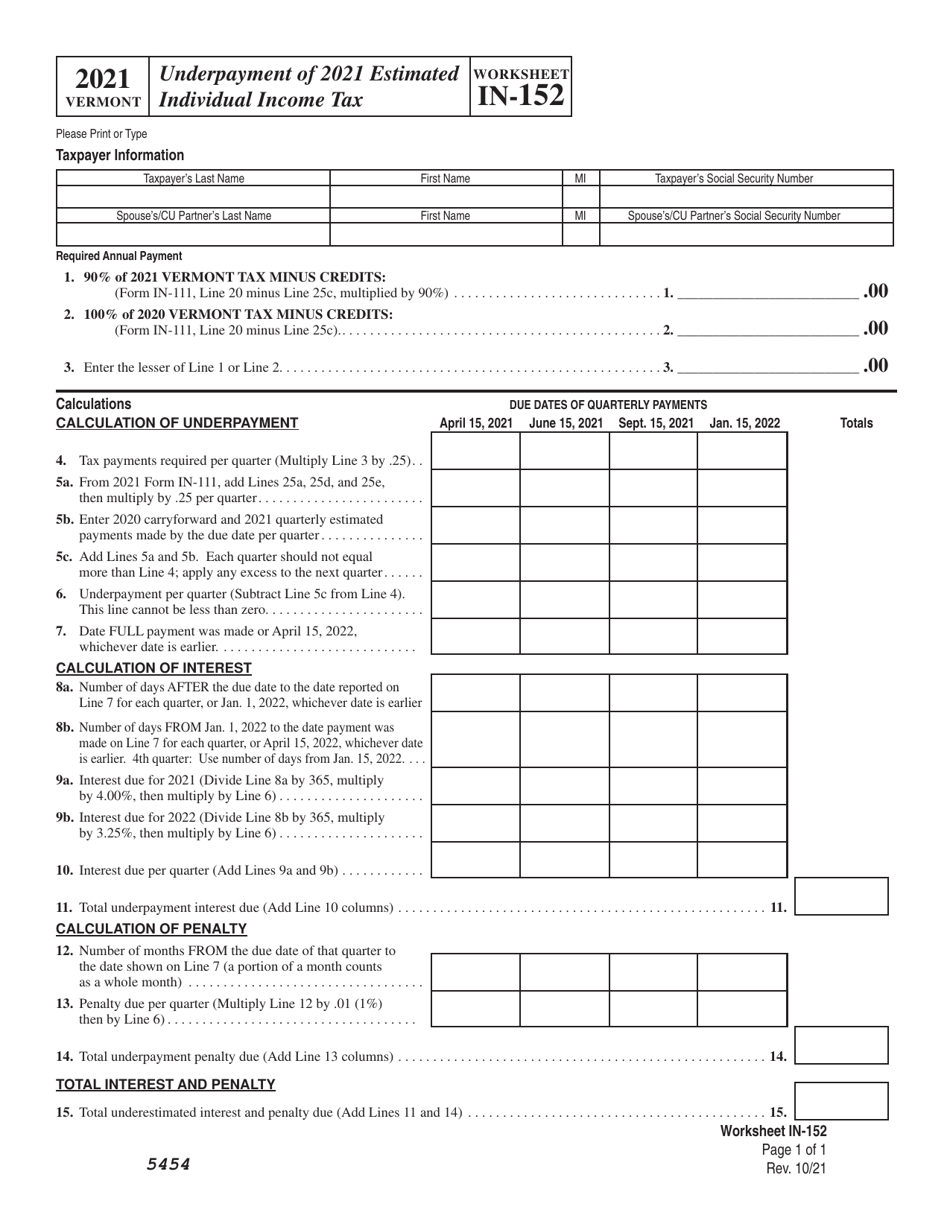 Worksheet IN152 Download Printable PDF or Fill Online Underpayment of