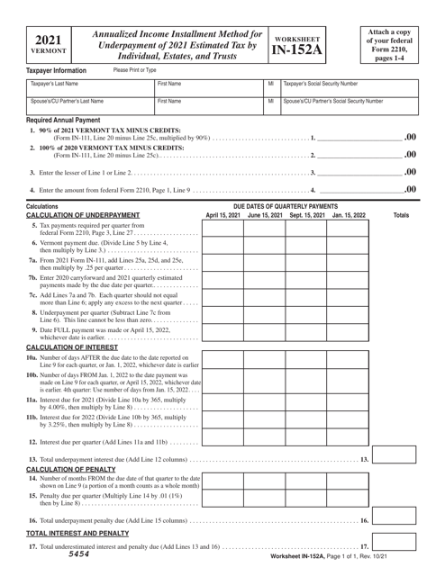 Worksheet IN-152A 2021 Printable Pdf