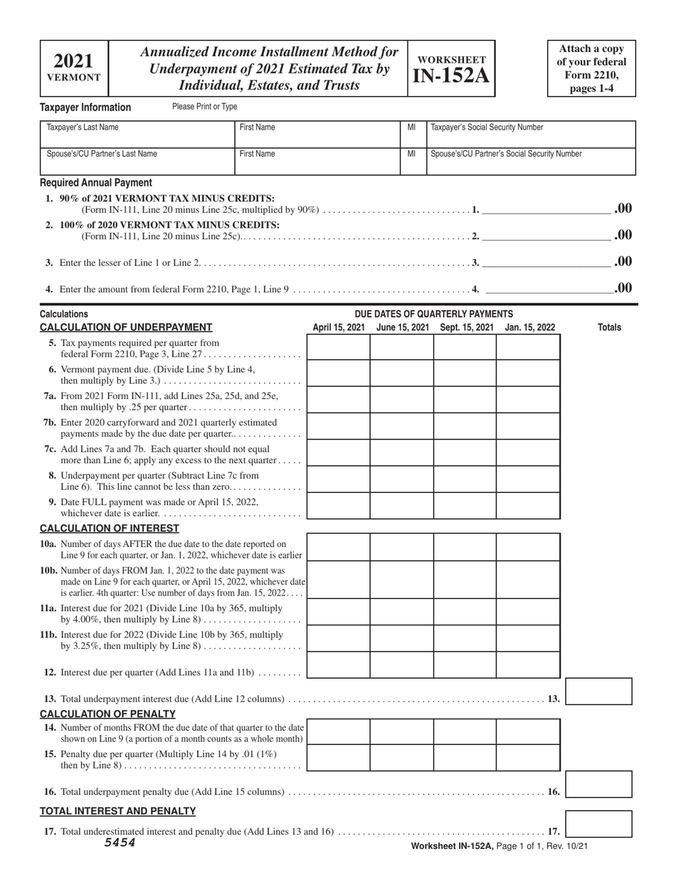 2021 Vermont Annualized Installment Method for Underpayment of