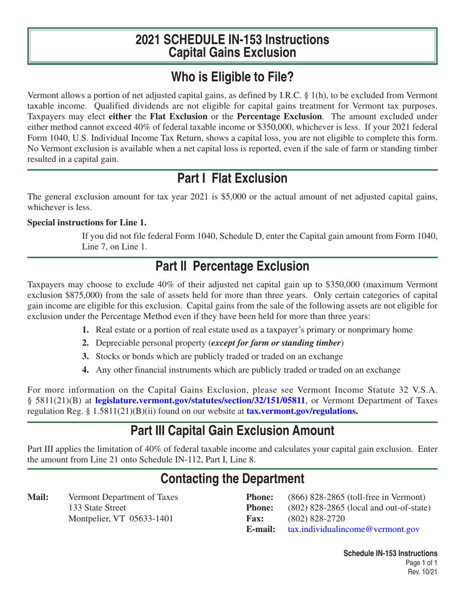 Instructions for Schedule IN-153 Vermont Capital Gain Exclusion Calculation - Vermont, Page 1