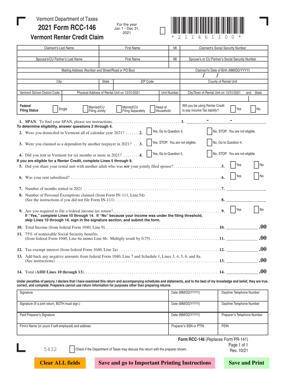 Form RCC-146 Vermont Renter Credit Claim - Vermont, Page 1