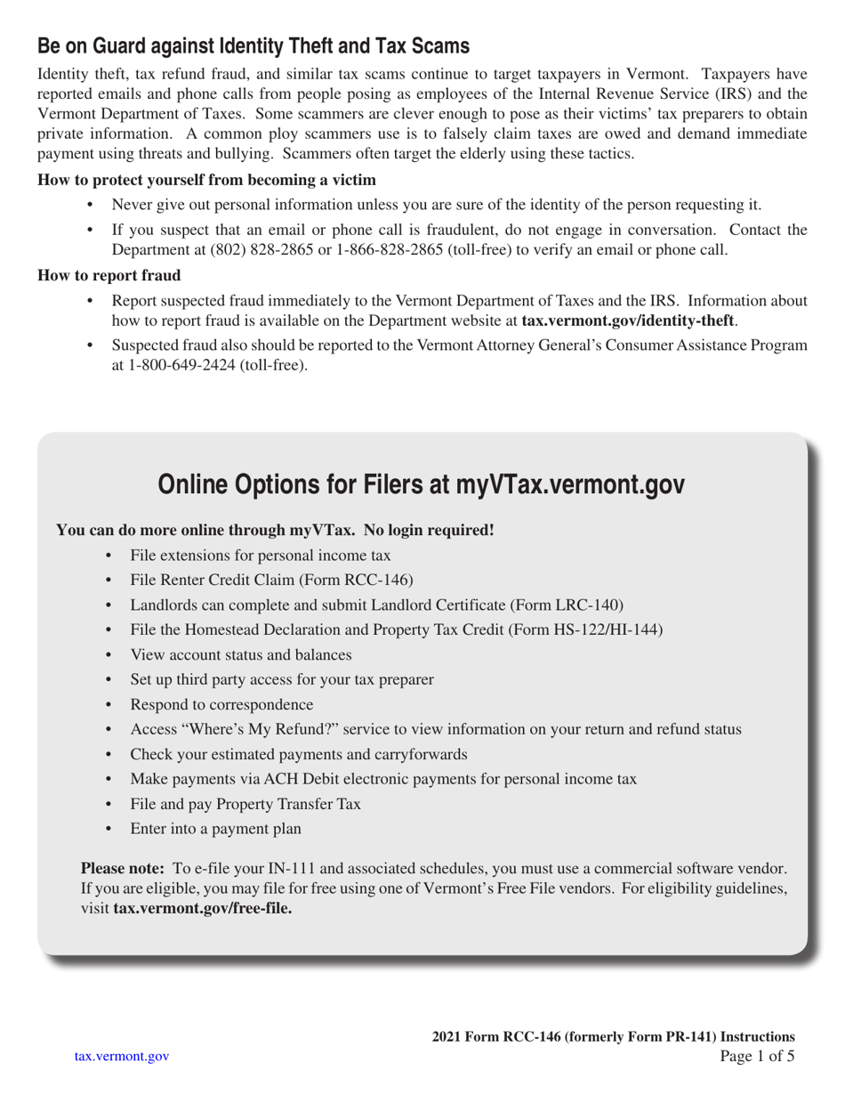 Instructions for Form RCC-146 Vermont Renter Credit Claim - Vermont, Page 1