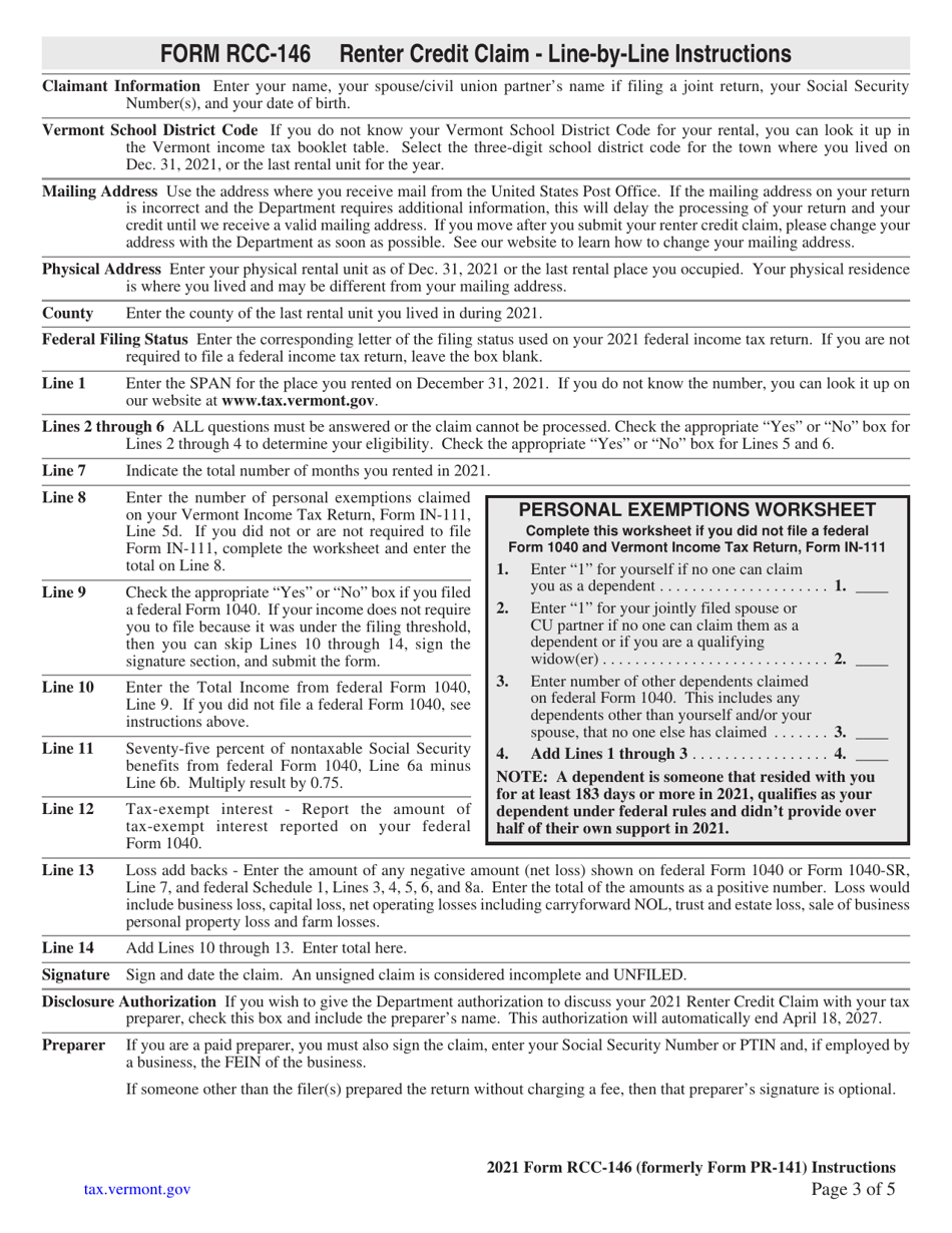 Instructions for Form RCC-146 Vermont Renter Credit Claim - Vermont, Page 3