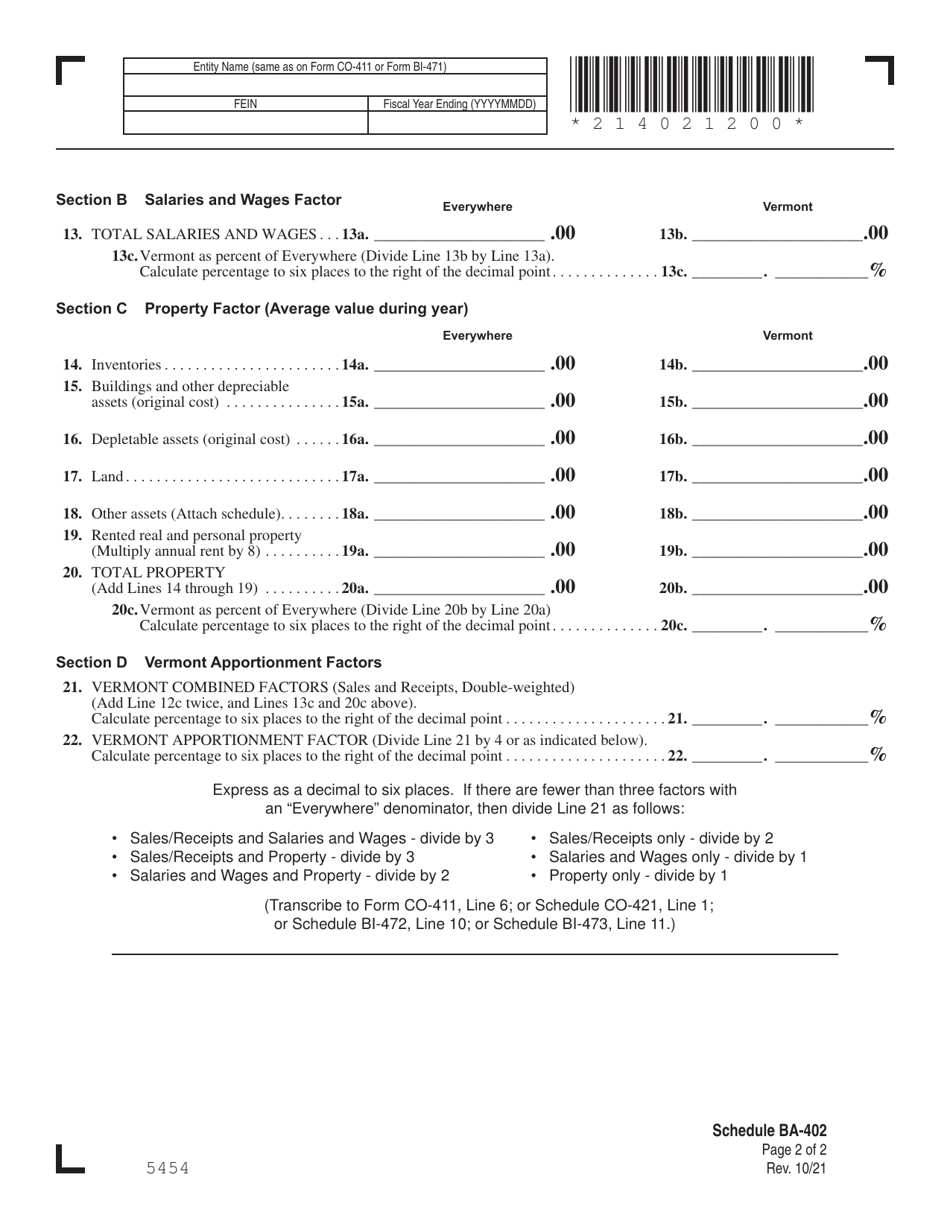 Schedule BA-402 Vermont Apportionment  Allocation - Vermont, Page 2