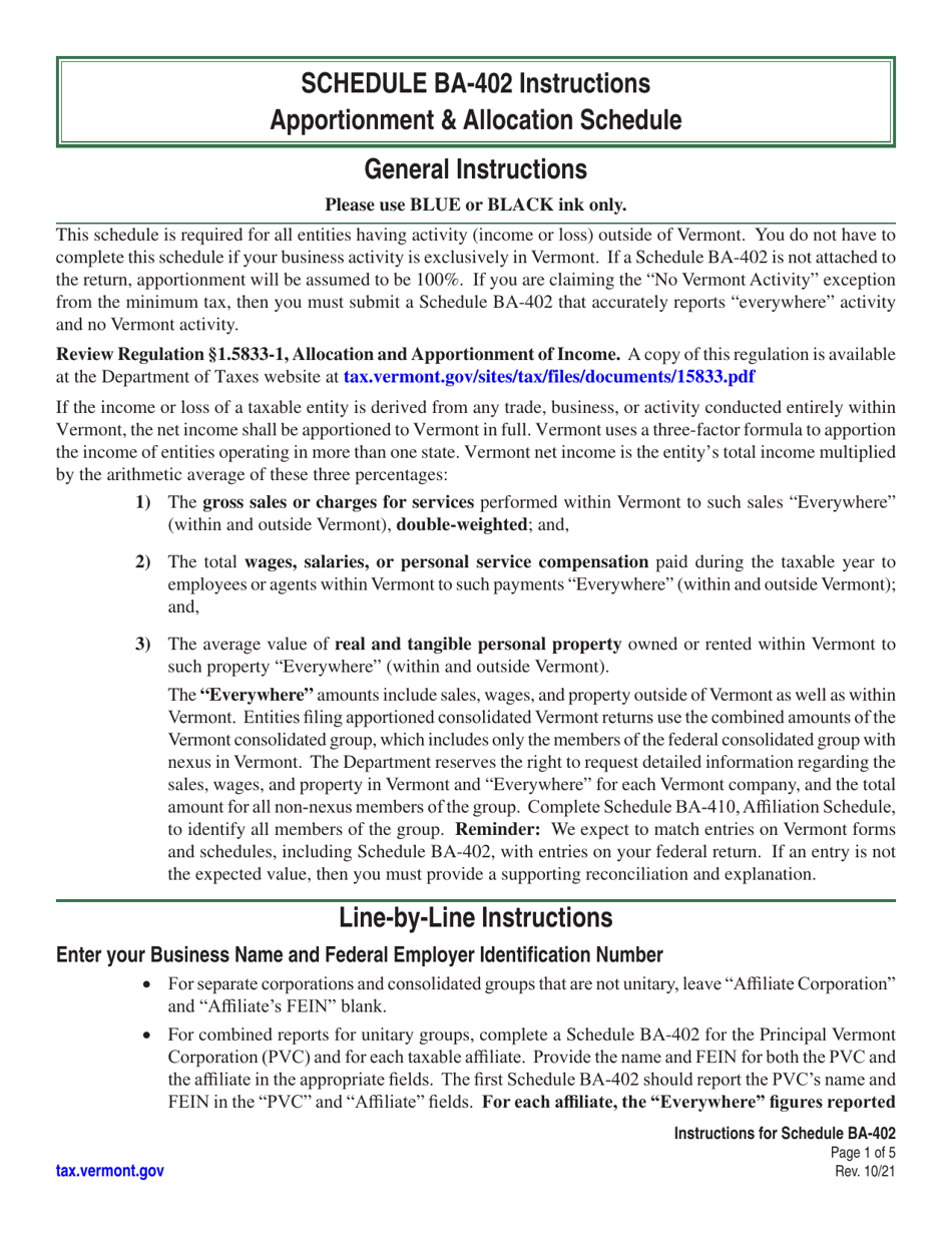 Instructions for Schedule BA-402 Vermont Apportionment  Allocation - Vermont, Page 1