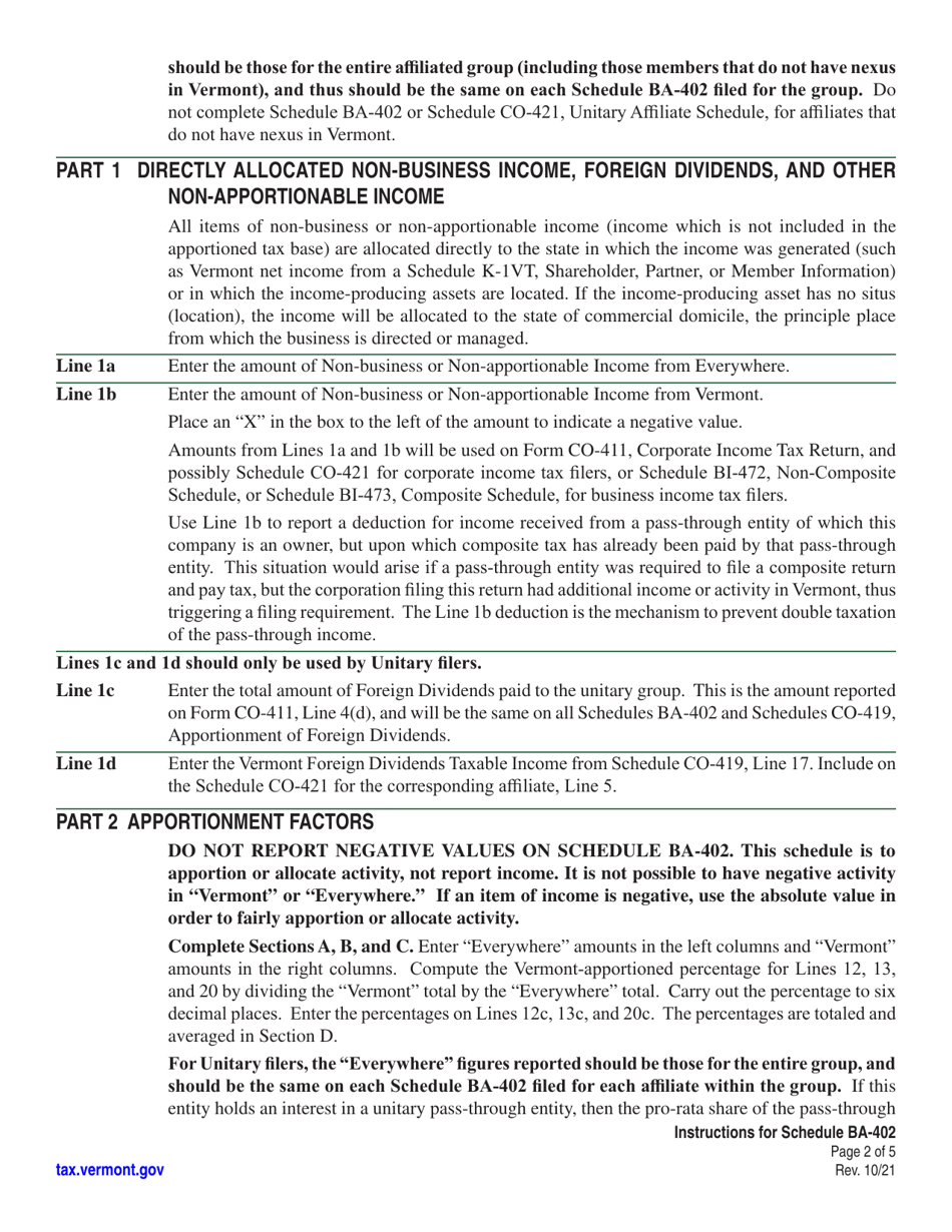 Instructions for Schedule BA-402 Vermont Apportionment  Allocation - Vermont, Page 2