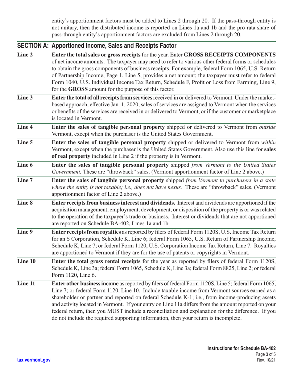 Instructions for Schedule BA-402 Vermont Apportionment  Allocation - Vermont, Page 3