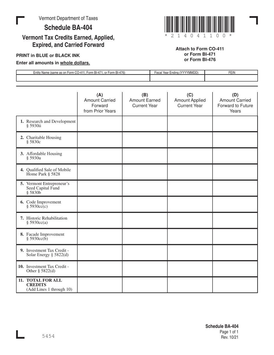 Schedule BA-404 Vermont Tax Credits Earned, Applied, Expired, and Carried Forward - Vermont, Page 1