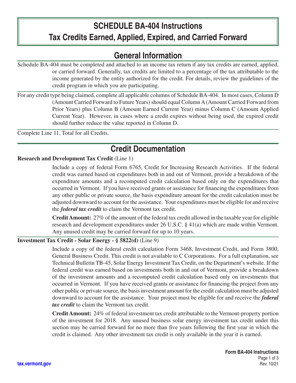 Instructions for Schedule BA-404 Vermont Tax Credits Earned, Applied, Expired, and Carried Forward - Vermont, Page 1