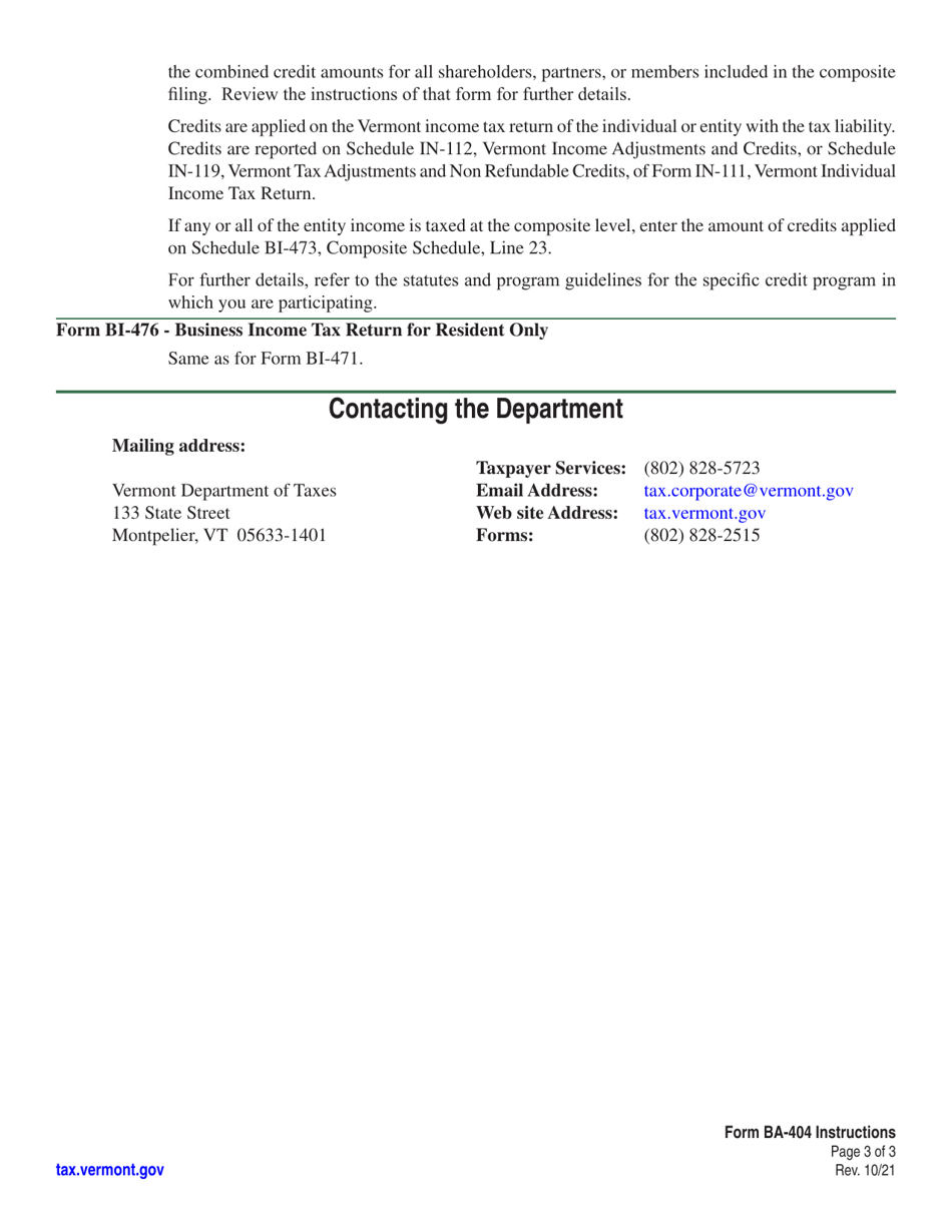 Instructions for Schedule BA-404 Vermont Tax Credits Earned, Applied, Expired, and Carried Forward - Vermont, Page 3