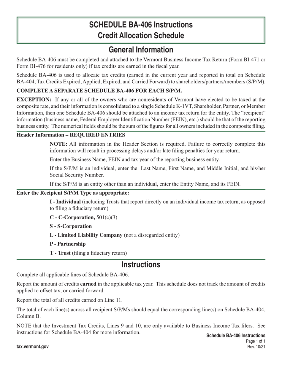 Instructions for Schedule BA-406 Vermont Credit Allocation - Vermont, Page 1