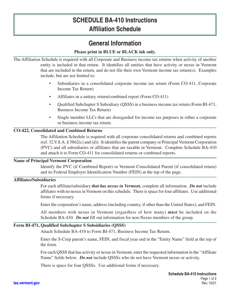 Instructions for Schedule BA-410 Vermont Corporate and Business Income Tax Affiliation - Vermont, Page 1