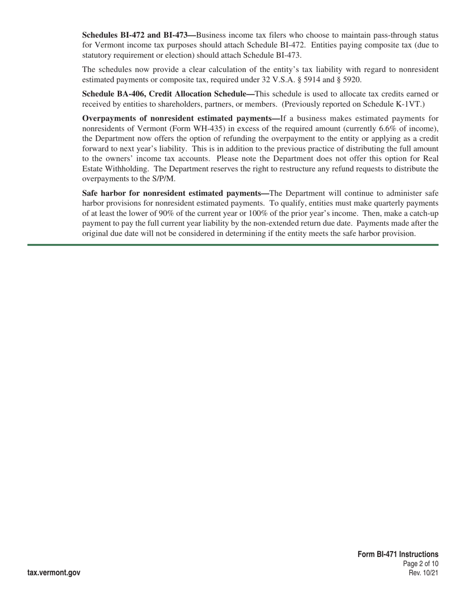 Instructions for Form BI-471 Vermont Business Income Tax Return - Vermont, Page 2