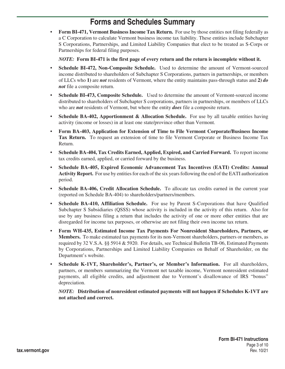 Instructions for Form BI-471 Vermont Business Income Tax Return - Vermont, Page 3