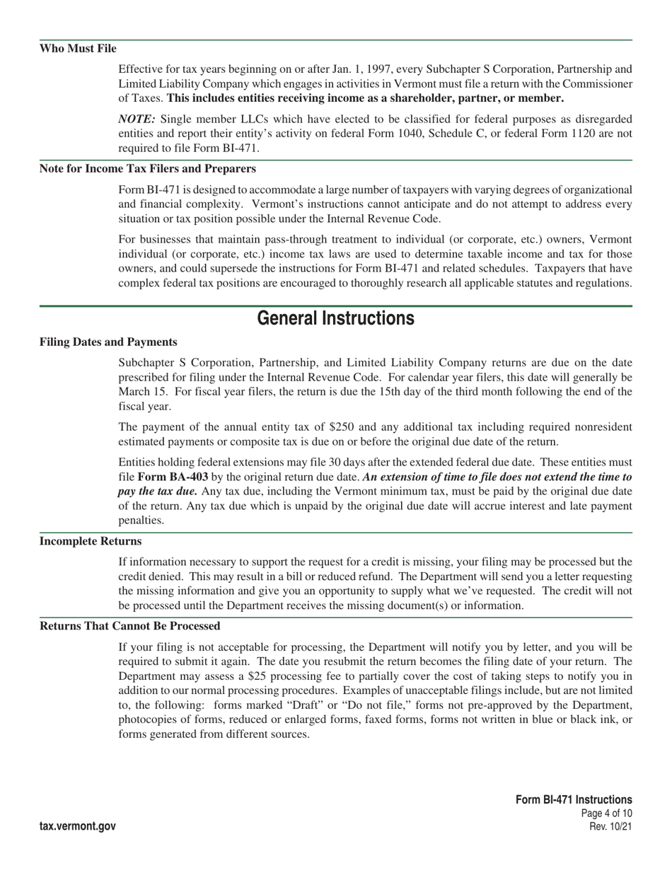 Instructions for Form BI-471 Vermont Business Income Tax Return - Vermont, Page 4