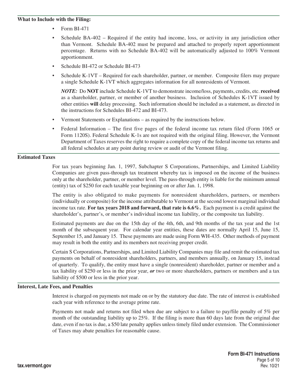 Instructions for Form BI-471 Vermont Business Income Tax Return - Vermont, Page 5