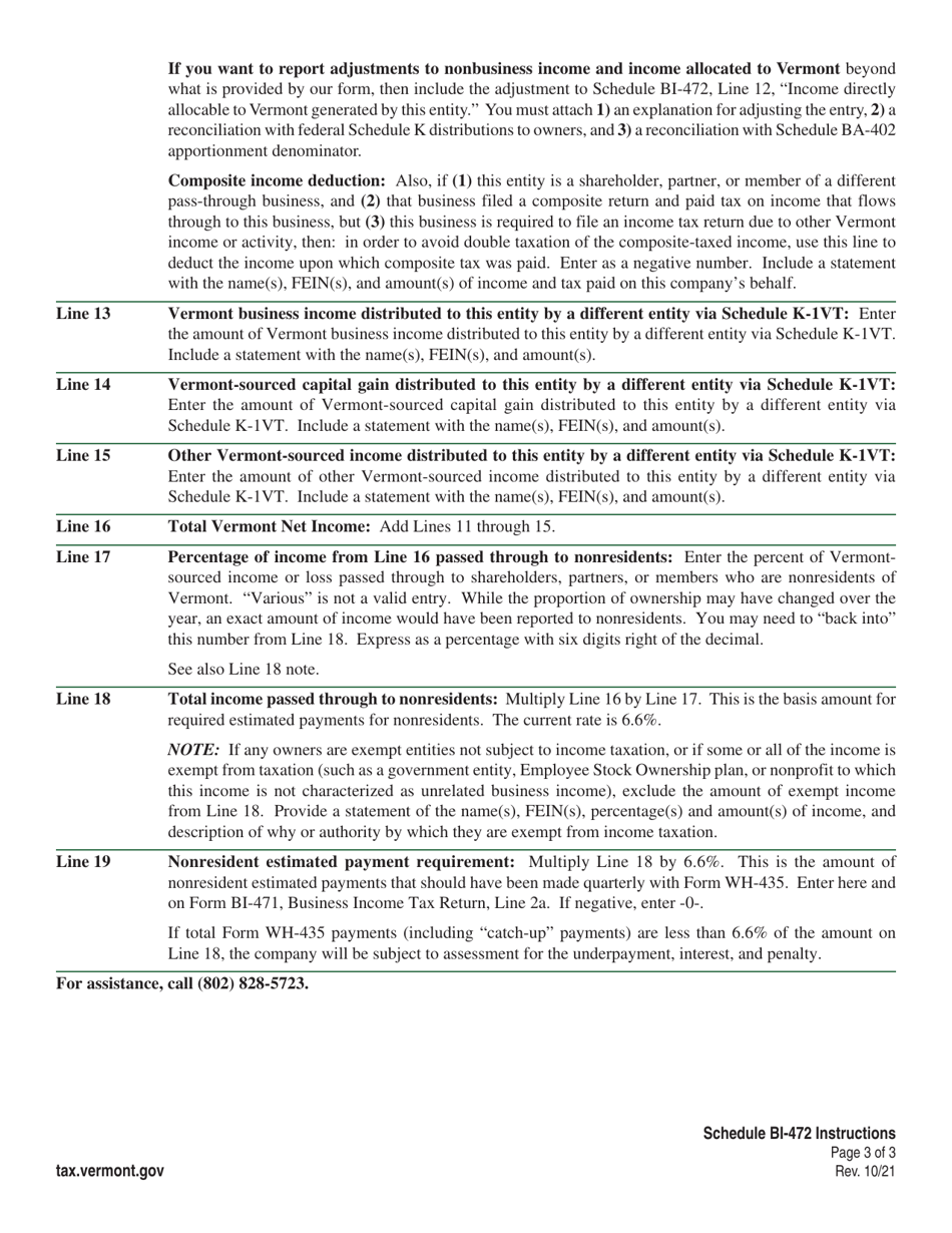 Instructions for Schedule BI-472 Non-composite Schedule - Vermont, Page 3