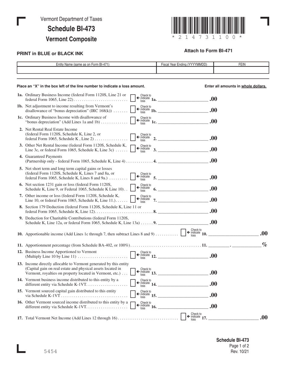 Schedule BI-473 Vermont Composite - Vermont, Page 1