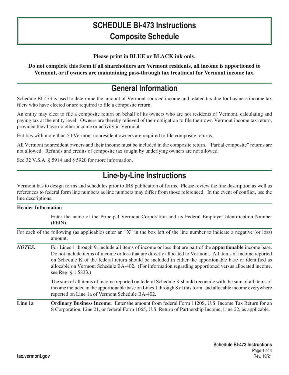 Instructions for Schedule BI-473 Vermont Composite - Vermont, Page 1