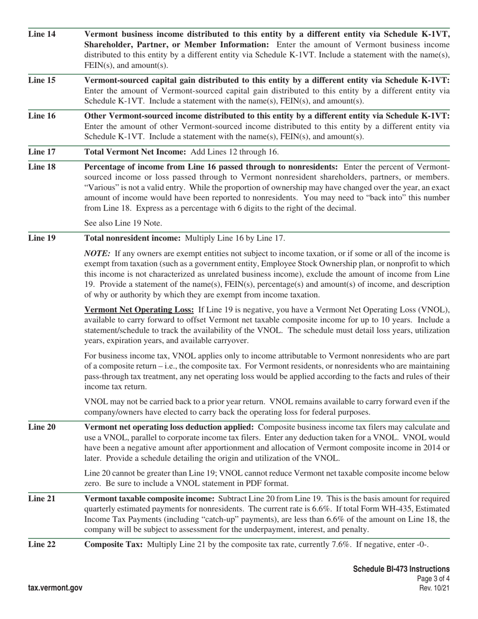 Instructions for Schedule BI-473 Vermont Composite - Vermont, Page 3