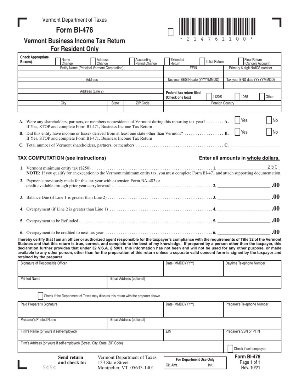 Form BI-476 Vermont Business Income Tax Return for Resident Only - Vermont, Page 1