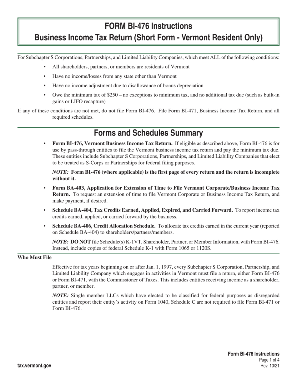 Instructions for Form BI-476 Vermont Business Income Tax Return for Resident Only - Vermont, Page 1