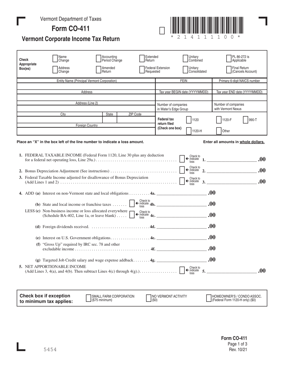 Form CO-411 Vermont Corporate Income Tax Return - Vermont, Page 1