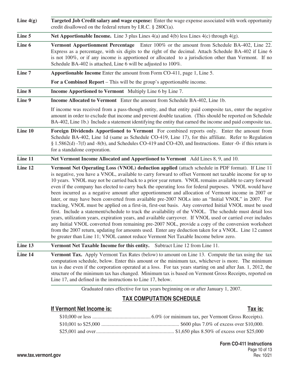 Instructions for Form CO-411 Vermont Corporate Income Tax Return - Vermont, Page 10