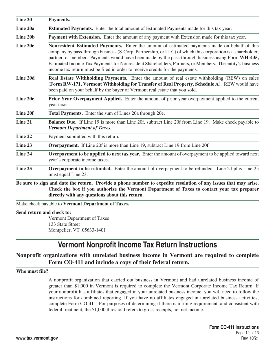 Instructions for Form CO-411 Vermont Corporate Income Tax Return - Vermont, Page 12