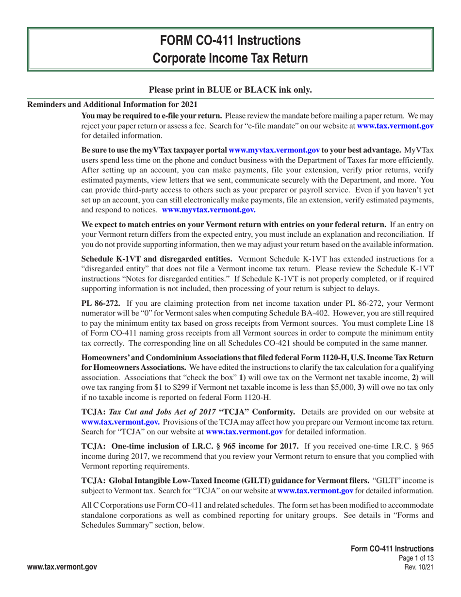 Instructions for Form CO-411 Vermont Corporate Income Tax Return - Vermont, Page 1