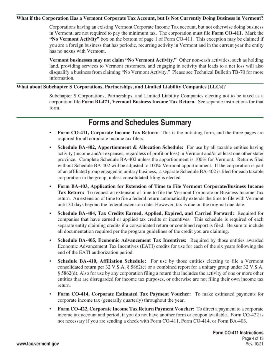 Instructions for Form CO-411 Vermont Corporate Income Tax Return - Vermont, Page 4