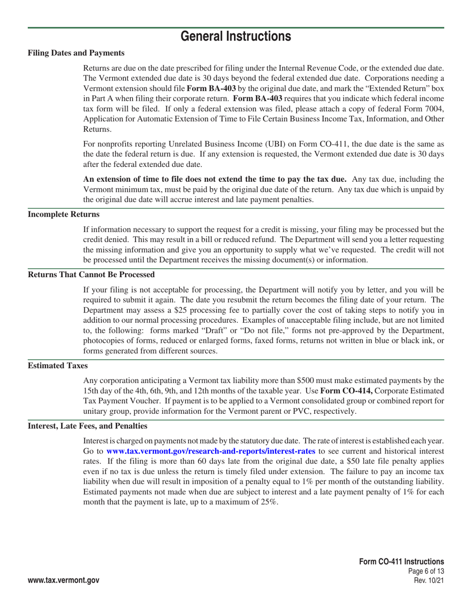 Instructions for Form CO-411 Vermont Corporate Income Tax Return - Vermont, Page 6