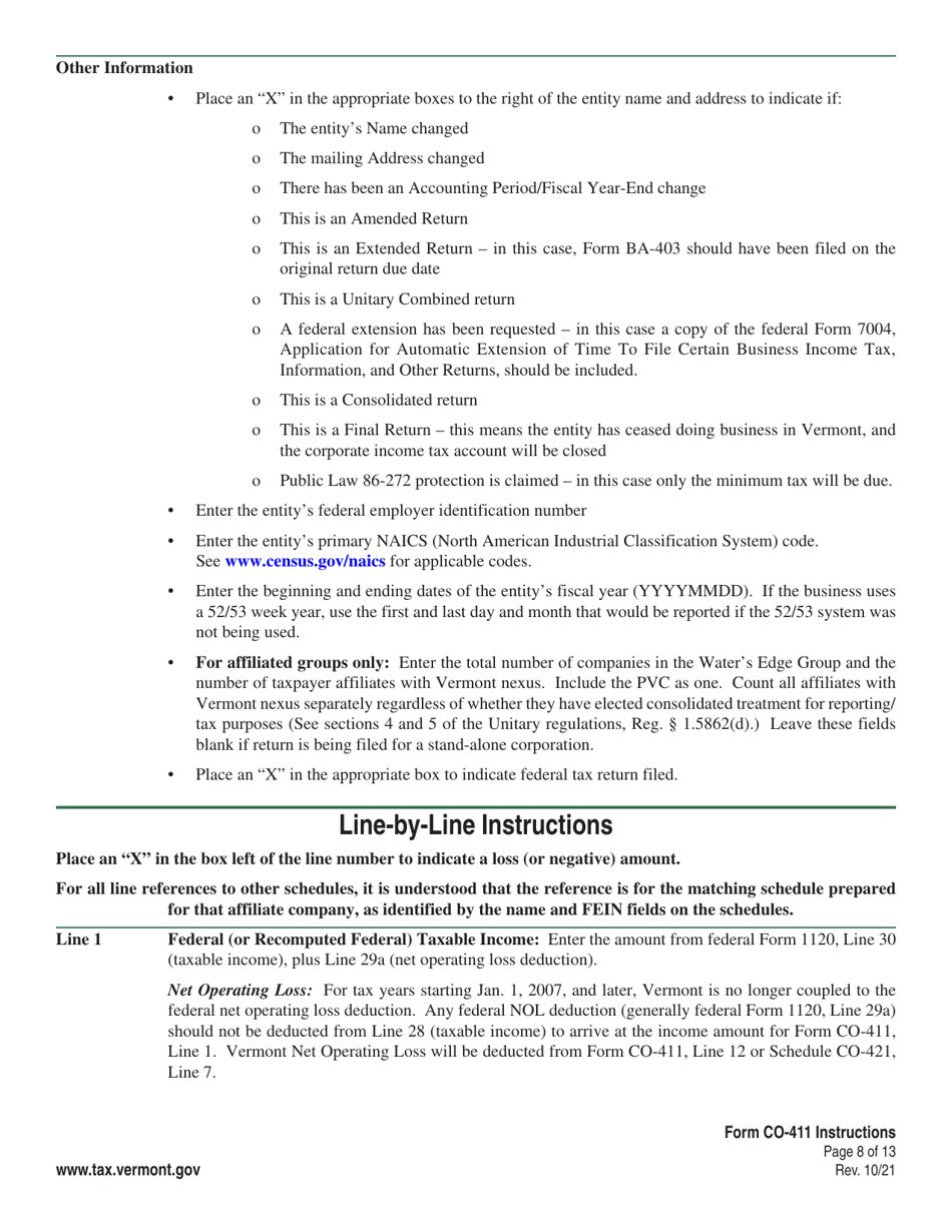 Instructions for Form CO-411 Vermont Corporate Income Tax Return - Vermont, Page 8