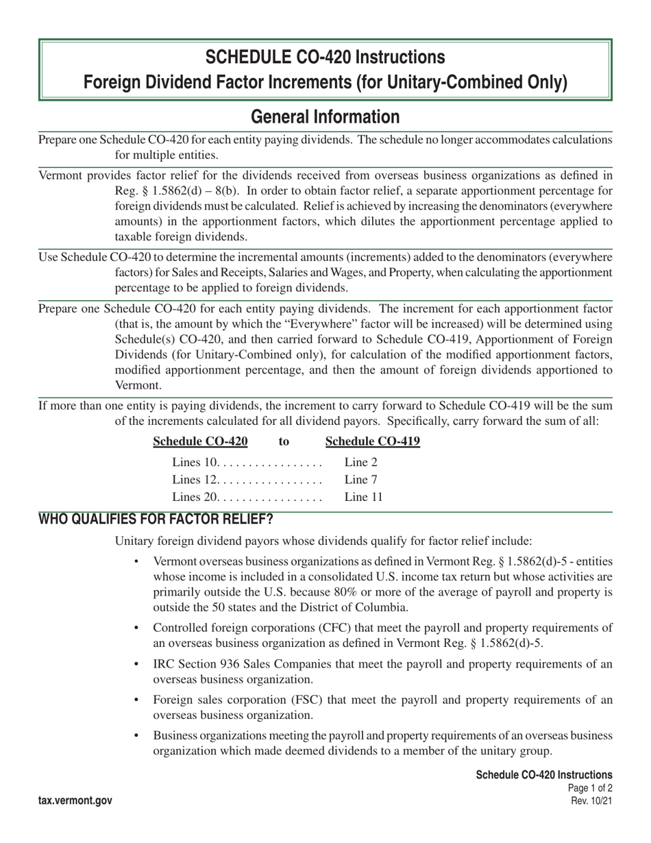 Instructions for Schedule CO-420 Vermont Foreign Dividend Factor Increments (For Unitary-Combined Only) - Vermont, Page 1