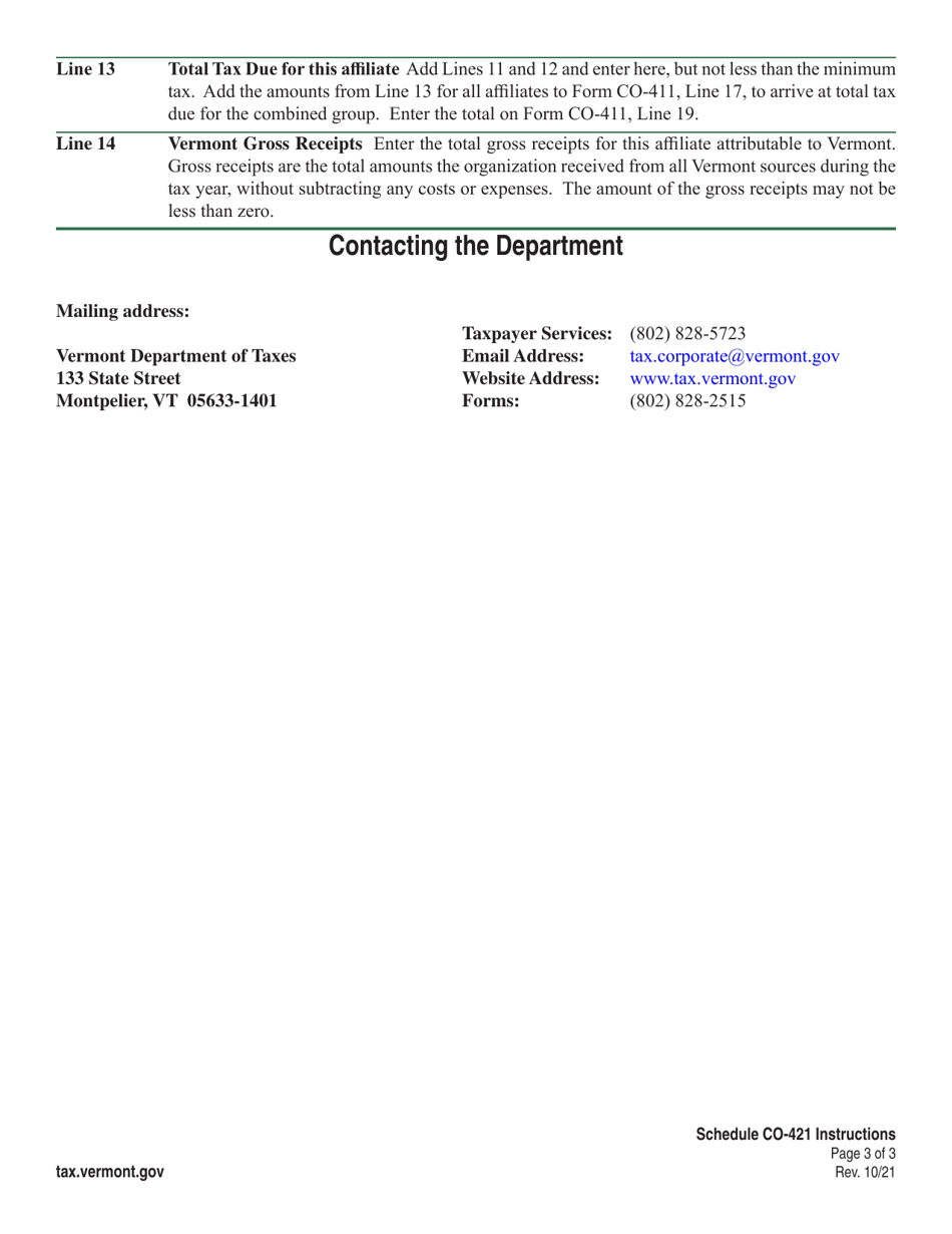 Instructions for Schedule CO-421 Vermont Unitary Affiliate Schedule - Vermont, Page 3
