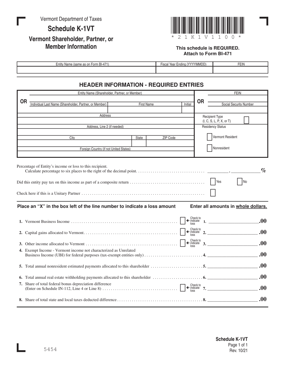 Schedule K-1VT Vermont Shareholder, Partner, or Member Information - Vermont, Page 1