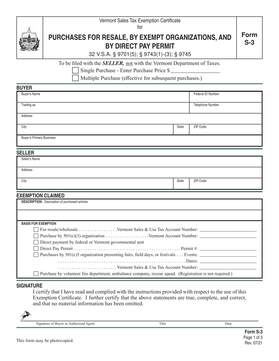 Form S-3 Vermont Sales Tax Exemption Certificate for Purchases for Resale, by Exempt Organizations, and by Direct Pay Permit - Vermont, Page 1