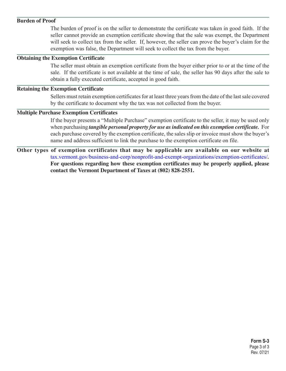 Form S-3 Vermont Sales Tax Exemption Certificate for Purchases for Resale, by Exempt Organizations, and by Direct Pay Permit - Vermont, Page 3