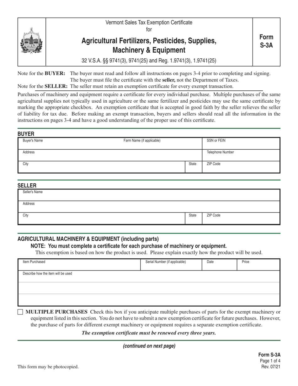 Form S-3A Vermont Sales Tax Exemption Certificate for Agricultural Fertilizers, Pesticides, Supplies, Machinery  Equipment - Vermont, Page 1