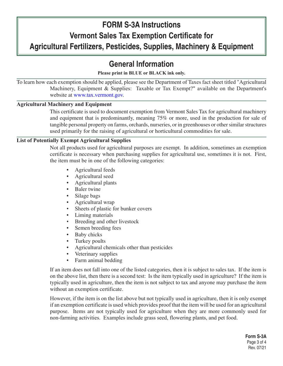 Form S-3A Vermont Sales Tax Exemption Certificate for Agricultural Fertilizers, Pesticides, Supplies, Machinery  Equipment - Vermont, Page 3