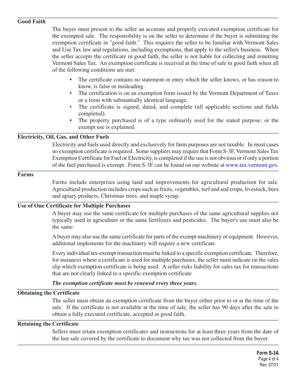 Form S-3A Vermont Sales Tax Exemption Certificate for Agricultural Fertilizers, Pesticides, Supplies, Machinery  Equipment - Vermont, Page 4